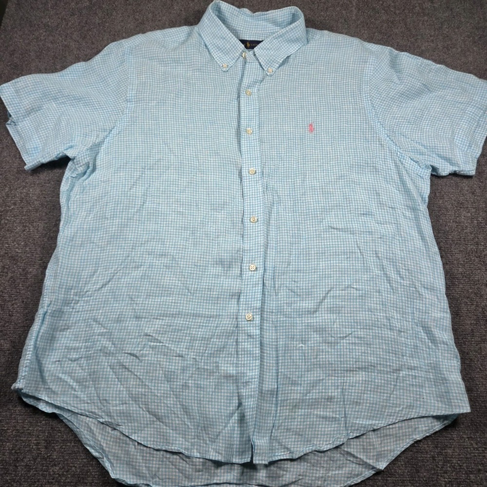 Polo Ralph Lauren Shirt Mens XXL Aqua Gingham Custom Fit Short Sleeve Pony SS